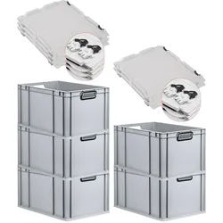 PROREGAL SuperSparSet 5x Eurobox NextGen Color mit Scharnierdeckel & Verschlüssen, HxBxT 32x40x60cm, 65L, Grau, Griffe schwarz offen, Eurobehälter