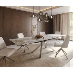 Esstisch Edge 200-300x100 Keramik Minas Melange Weiß-Beige Kreuzgestell Rechteck Edelstahl ausziehbar