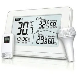 BEARWARE Schwimmthermometer Poolthermometer, Schwimmthermometer mit Wetterstation, Funk, digital, Set 3-tlg., 3-in-1 Set: Basisstation (DCF-Uhr/Wecker), Pool-Schwimmer, Außensensor, Wassertemperatur, Luftfeuchte, Innentemperatur, Außentemperatur grau|weiß