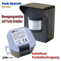 DIW-Funk Licht-Funksteuerung PD-545 DIW-FUNK Bewegungsmelder + Einbau Empfänger, für Flur, Gang, Garten, Haus, Terrasse, Garage, Funkstandard 433,92-Verschlüsselung, 1 Schaltkontakte, Spar-Set, 1-tlg., Komplett-Set inkl. Zubehör, Funksteuerung weiß