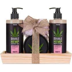 BRUBAKER Pflege-Geschenkset Badeset mit Erdbeeren & Kokosnuss Duft, Wellness Geschenkset, 5-tlg., Hanf Beautyset für Frauen mit Tablett aus Holz, Damen Pflegeset rosa