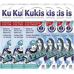 Kukident Kukis Zahnspangenreiniger (6 x 60 St) Reinigungstabletten (Spar-Pack, [360-St. Entfernt 99,9% der Bakterien - mit Eukalyptus- & Mentholfrische)