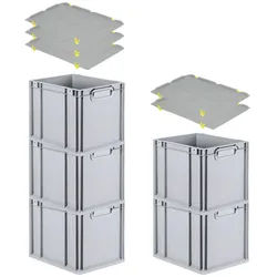 PROREGAL SparSet 5x Eurobox NextGen Grip mit Auflagedeckel & 4 gelben Verschlüssen, HxBxT 32x30x40cm, 30L, Grau, Griffe zu, Eurobehälter