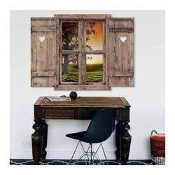 K&L Wall Art Wandtattoo 3D Wandtattoo Sonnenuntergang Aufkleber Vintage Holzoptik Landschaft, Holzfenster Wandbild selbstklebend bunt 80 cm x 69 cm