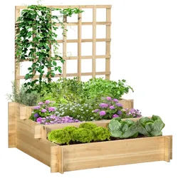 Outsunny Pflanzkasten aus Holz 3-stufiges Hochbeet mit Rankgitter für Gemüse Blumen Naturholz , Fichtefarben , 95x110x95 cm , Gartenzubehör, Hochbeete