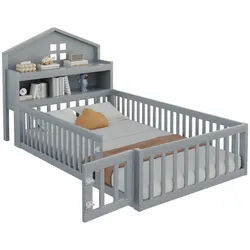 Okwish Kinderbett 90/200 cm Grau Hausbett mit Kreidetafel und Stauraum , Holzwerkstoff , 90x200 cm , Babymöbel & Kindermöbel, Kinderzimmer & Jugendzimmer, Kinderbetten