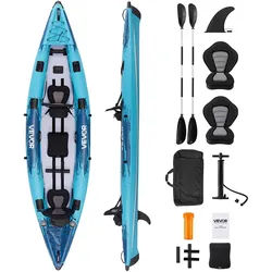 VEVOR Aufblasbares Kajak, 2-Personen-Freizeitkajak, 318 kg Tragkraft, auslauf- & pannensicher, mit gepolstertem Sitz, PVC-Drop-Stitch-Boden, 2 Paddeln, Handpumpe & Tragetasche zum Angeln & Camping