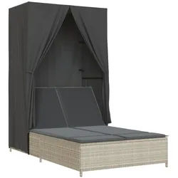 vidaXL Gartenliege Doppel-Sonnenliege mit Dach und Vorhängen Hellgrau Poly Rattan, 1 St. grau