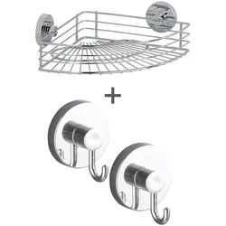 WENKO Eckregal Vacuum-Loc® Modell Bari, 3-tlg., fürs Badezimmer mit 2 Haken, Befestigen ohne Bohren silberfarben
