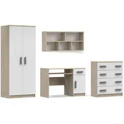 Deine Möbel 24 Kinderzimmer-Set Inge III 4-teilig Weiß+Sonoma/Grau , Weiß, Sonoma Eiche, Grau , Holzwerkstoff , 270x193x50 cm , Babymöbel & Kindermöbel, Kinderzimmer & Jugendzimmer, komplette Jugendzimmer