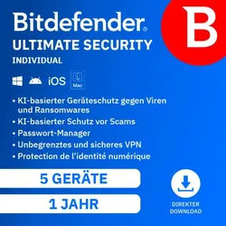 Bitdefender Ultimate Security Individual 2026 | 5 Geräte - 1 Jahr | Sofortdownload + Lizenzschlüssel | NEU