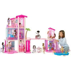 Barbie Puppenhaus Barbie Traumvilla (2026), mit Licht, Sound, 2 Pools, 2 Rutschen, 2 Häuser, Aufzug, 3 Etagen rosa