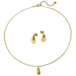 KARMA Schmuckset Tropfen Damen Edelstahl Gold Halskette wasserfest & antiallergisch (Damenschmuckset Kette, 3-tlg., Ohrstecker eleganter Schmuck), Karabinerverschluss Anhänger goldfarben