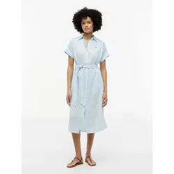 Hemdblusenkleid TOMMY HILFIGER "LINEN BELTED KNEE SS SHIRT DRESS", Damen, Gr. L (42/44), N-Gr, keepsake blau, Web, Obermaterial: 100% Leinen, unifarben, regular fit knielang, Kleider, mit Bindegürtel