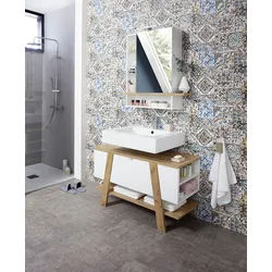 Badmöbel-Set »GW-Avellino«, 2-teilig, bestehend aus einem Spiegelschrank und einem Waschbeckenunterschrank, Weiß/Navarra-Eiche-Nb., 22802543-0 B/H/T: 111 cm x 199 cm x 46 cm