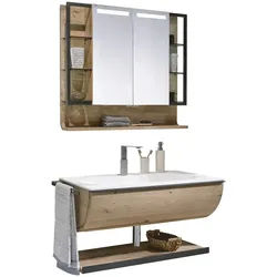 Voglauer Badezimmer , Weiß, Eichefarben , Holz, Glas , 4-teilig , Eiche , furniert, mehrschichtige Massivholzplatte (Tischlerplatte) , 1 Schublade(n) Schubladen , 96 cm , Goldenes M, Made in Austria , hängend, Typenvielfalt , Badezimmer, Badmöbelsets & Badmöbelserien, Badmöbel-Sets