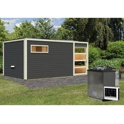 KARIBU Saunahaus »Walk«, BxTxH: 508 x 276 x 210 cm, 9 kW Bio-Kombi-Ofen mit ext. Steuerung - grau