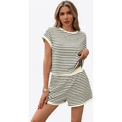Imily Bela Hausanzug Damen Sommer-2-teilige Sets (Set, 2 tlg., Kurzarm-T-Shirts + Shorts) Streifen braun L(40)