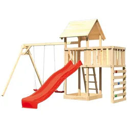 Akubi Kinderspielturm Lotti mit Satteldach inkl. Wellenrutsche, Doppelschaukelanbau, Anbauplattform und Kletterwand rot