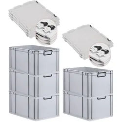 PROREGAL SuperSparSet 5x Eurobox NextGen Color mit Scharnierdeckel & Verschlüssen, HxBxT 32x40x60cm, 65L, Grau, Griffe schwarz zu, Eurobehälter