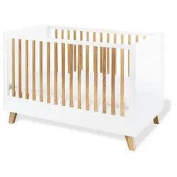 Pinolino Gitterbett , Weiß, Eichefarben , Holz, Holzwerkstoff , Eiche , massiv , 75x93x145 cm , zum Juniorbett umbaubar, höhenverstellbar, Sprossen mit Normabstand, zum Sitzsofa umbaubar, Aufbauanleitung im Karton, Lattenrost inklusive, Schlupfsprossen , Babymöbel & Kindermöbel, Babyzimmer, Babybetten, Gitterbetten