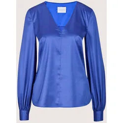 Langarmbluse MADELEINE "Satinbluse Blusenshirt mit schimmerndem Glanz", Damen, Gr. 36, blau (azurblau), Obermaterial: 100% Polyester PES., Modern, gerade, V-Ausschnitt, Blusen, Markante Mittelnaht