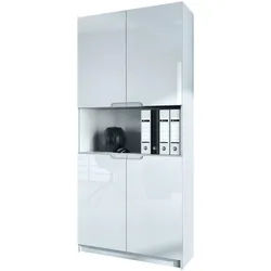 Vladon Büroschrank Logan Fronten in Weiß Hochglanz , Holzwerkstoff , 82x184x37 cm , Büromöbel, Büroschränke, Aktenschränke