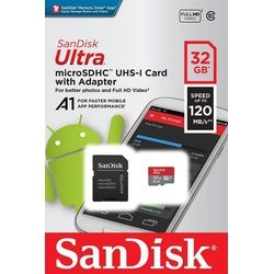Sandisk microSDHC Card 32GB, Ultra, Class 10, U1, A1 (R) 120MB/s, SD Adapter, Retail-Blister