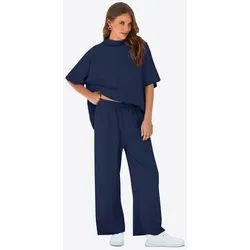 Imily Bela Hausanzug Damen Lounge-Set (Set, 2 tlg., Pullover-Oberteil mit 3/4-Fledermausärmeln + weite Hosen) Einfarbig blau M(38)