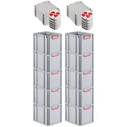 PROREGAL 10x Eurobox NextGen Color mit Auflagedeckel & Schiebeschnappverschlüsse | HxBxT 32x30x40cm | 30L | Griffe rot zu