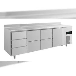 A&S polarny Gastro Kühltisch 3 Schubladen links 2 Schubladen mittig 1 Tür rechts Aufkantung, Umluftkühlung 2330x700x850mm -2/+8°C 632l