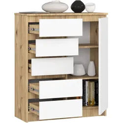 Raumhirsch Furniture Kommode mit 5 Schubladen, 1 Schranktür, 80 cm breit Holz Schrank, Highboard / Kommode 80 cm, Sideboard Organizer für jeden Raum weiß