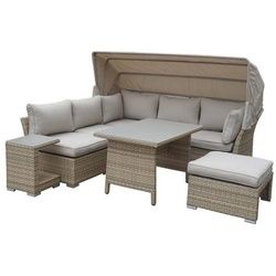 HTI-Line Gartenlounge-Set Loungemöbel-Set Sonneninsel HTI-Line, (Set, 6-tlg., 1 Sofa mit Sonnendach, 2 Sessel, 1 Hocker, 1 Tisch, 1 Beistelltisch), Loungegarnitur Gartenmöbel Terrassenmöbel beige