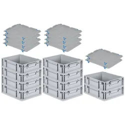 PROREGAL SparSet 10x Eurobox NextGen Grip mit Auflagedeckel & 4 blauen Verschlüssen, HxBxT 12x30x40cm, 11L, Grau, Griffe zu, Eurobehälter