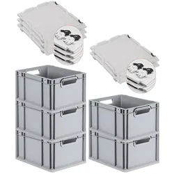 PROREGAL 5x Eurobox NextGen Grip mit Scharnierdeckel & schwarzen Verschlüssen | HxBxT 22x30x40cm | 20 Liter | Griffe offen | Glatter Boden
