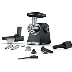 BOSCH Fleischwolf Serie 6 MFWS650B, 3,5kg/Min., 2 Lochscheiben (3 & 8mm), schwarz, 500 W, 2 Stufen, Rücklauf, Wurststopfer, 10 J Motorgarantie, Planetengetriebe schwarz