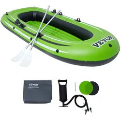 VEVOR Schlauchboot Aufblasbares Fischerboot für 3 Personen, Tragbares Bootsfloßkajak aus Stabilem PVC, 45,6-Zoll-Aluminiumruder, Hochleistungspumpe, Angelrutenhalter und 2 Sitze, 340 kg Kapazität