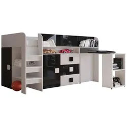 Möbel Kryspol Hochbett 203,3/106,6/125 , Weiß, Schwarz , Holz , Nachbildung , 90x200 cm , Babymöbel & Kindermöbel, Kinderzimmer & Jugendzimmer, Kinderbetten, Hochbetten