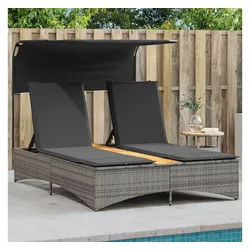 vidaXL Gartenliege, Doppel-Sonnenliege mit Dach und Auflagen Grau Poly Rattan