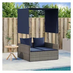 vidaXL Gartenliege, Doppelte Sonnenliege mit Dach und Vorhängen, grau, Polyrattan