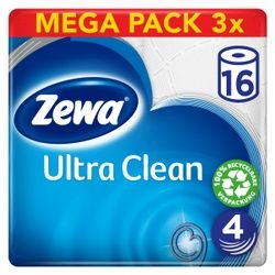 Zewa Ultra Clean Toilettenpapier Großpackung, Angenehmes 4-lagiges WC-Papier für die pflegende Reinigung, 1 Großpackung = 3 x 16 Rollen = 48 Rollen à 135 Blatt