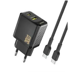 A27TCEU PD 30W GaN USB-A USB-C wall charger with USB-C cable - black