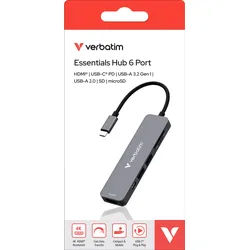 Verbatim Hub, USB-C Essentials, 6 Port mit Card Reader HDMI, 2x USB-A, 1x USB-C PD, Retail-Blister