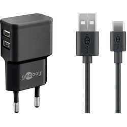 Goobay USB-CTM Dual Ladeset 2,4 A - Netzteil mit 2x USB-Buchse und USB Type-CTM 1m Kabel (Schwarz)