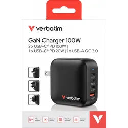 Verbatim Ladeadapter, Mini GaN, 100W, schwarz 1x USB-A QC, 3x USB-C PD, Retail