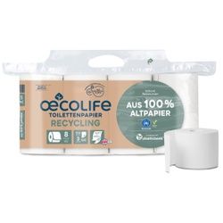 Fripa oecolife Toilettenpapier, RECYLING, 3-lagig, weiß, Nachhaltiges Klopapier aus recyceltem Material, 1 Packung = 8 Rollen à 150 Blatt