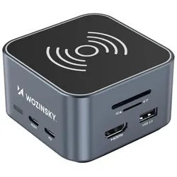 Wozinsky WHBC09Y8S USB-Adapter USB-C zu HDMI, USB-A, USB-C, RJ45, Audio, SD, microSD, 12-in-1 Hub mit HDMI 4K, USB 3.2, RJ45, Kartenleser & Qi-Ladepad grau