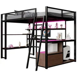 SOFTWEARY Hochbett mit RGB LED-Streifen und Eckschreibtisch (140x200 cm, mit Letier, Regal, Lattenrost, Shrank, PC-Ständer, Steckdose, USB) Kinderbett mit Rausfallschutz, Metallbett