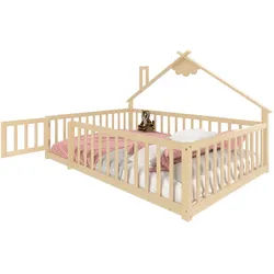 Okwish Flachbett 140/190 cm Natur Kiefernholz mit Geländer und Schloss , Naturfarben , Holz , 140x190 cm , Babymöbel & Kindermöbel, Kinderzimmer & Jugendzimmer, Kinderbetten, Spielbetten