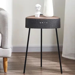 Drahtloser Lautsprecher Mesu im Tischdesign, schwarz mit Holzplatte